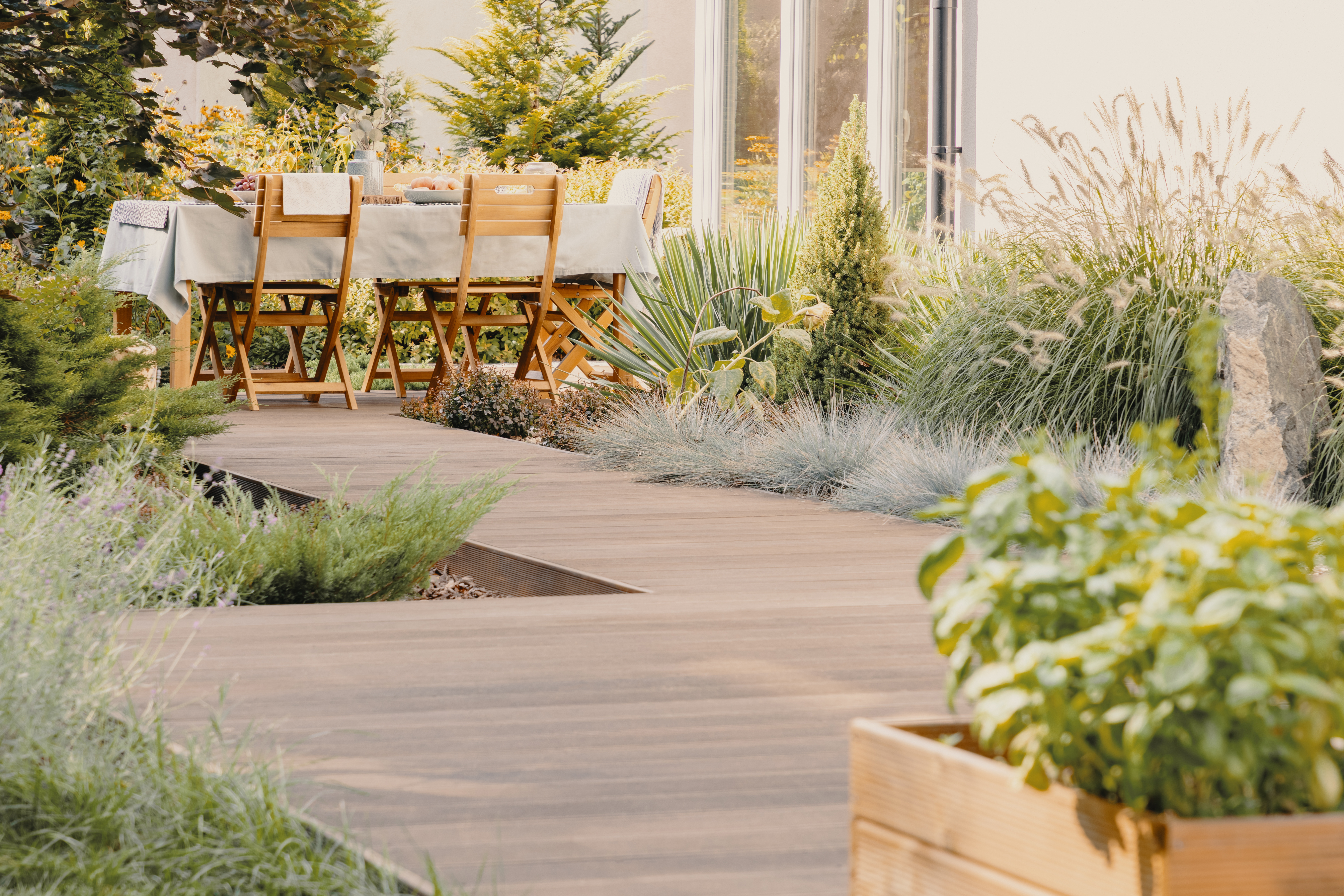 Plants and wooden chairs at table with food on terrace of house in the summer