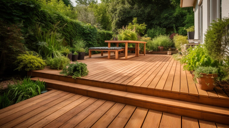 The exterior of a back garden patio area with wood decking. Generative AI technology